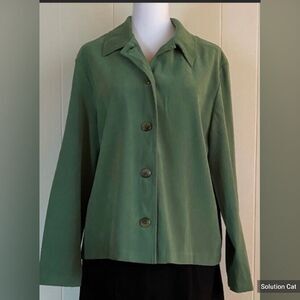 Briggs Blouse Women’s Medium Petite Green Faux Suede Button Up Casual Corpcore